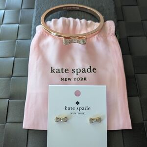 Kate Spade Rose Gold Bow Bangle & Crystal Bow Stud Earrings Set w/ Pink Pouch